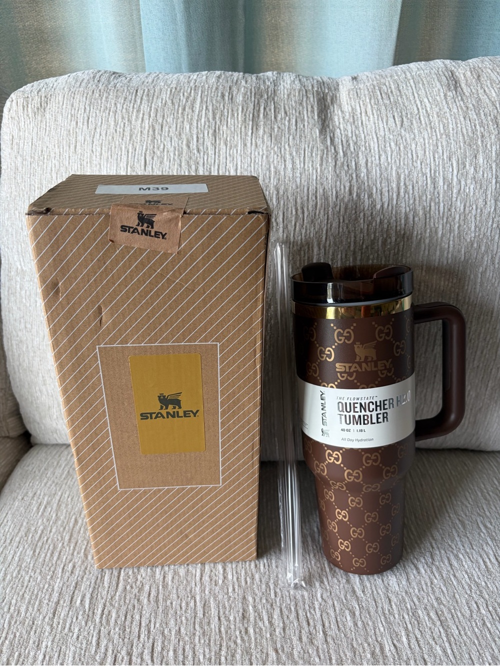 Stanley Brown Gold GG Patterned Quencher Tumbler with Handle 40oz